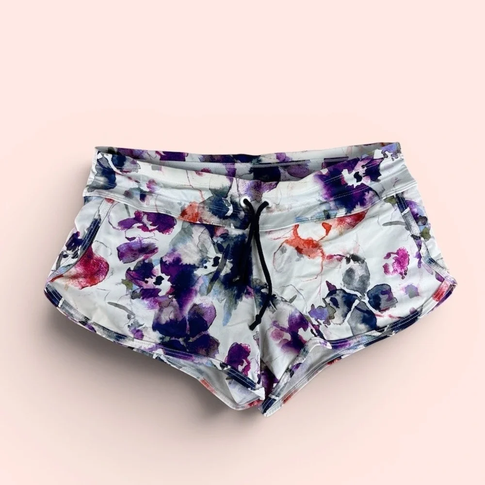 Athleta Womens Watercolor Floral Board Shorts Purple White Size S Swim Shorts - Picture 1 of 10